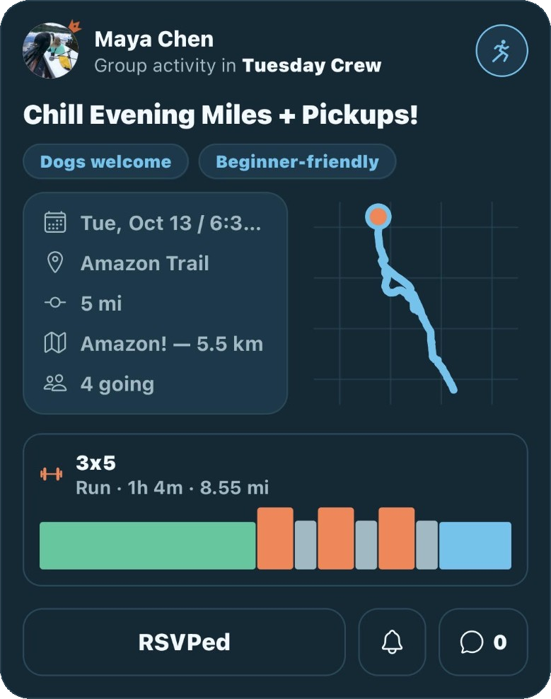 Activity in Tuesday Crew: Chill Evening Miles + Pickups, with the time, trail, who is going, and an RSVP