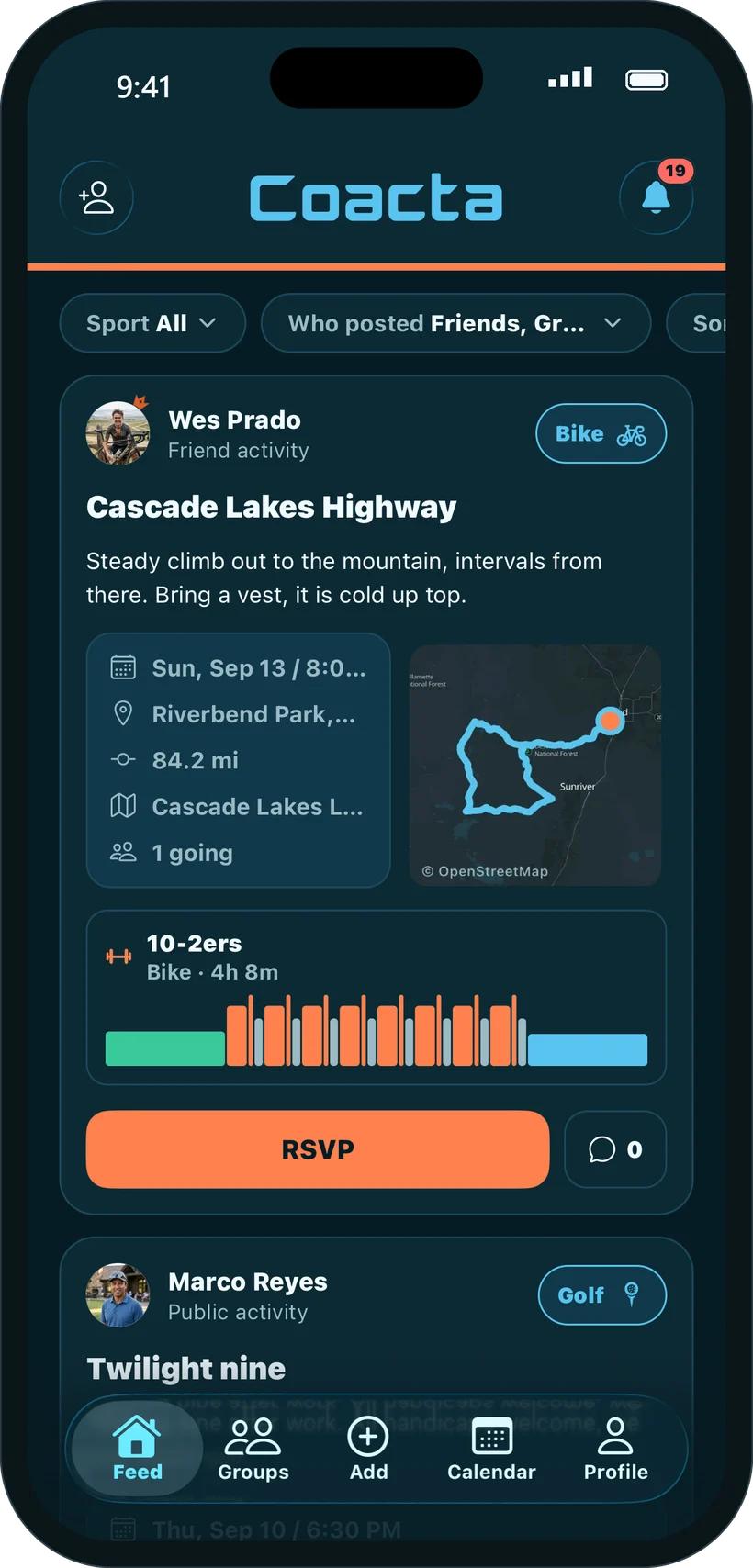 The Coacta feed on an iPhone: a friend’s 84-mile bike ride with its date, start, route map, an attached workout and an RSVP button