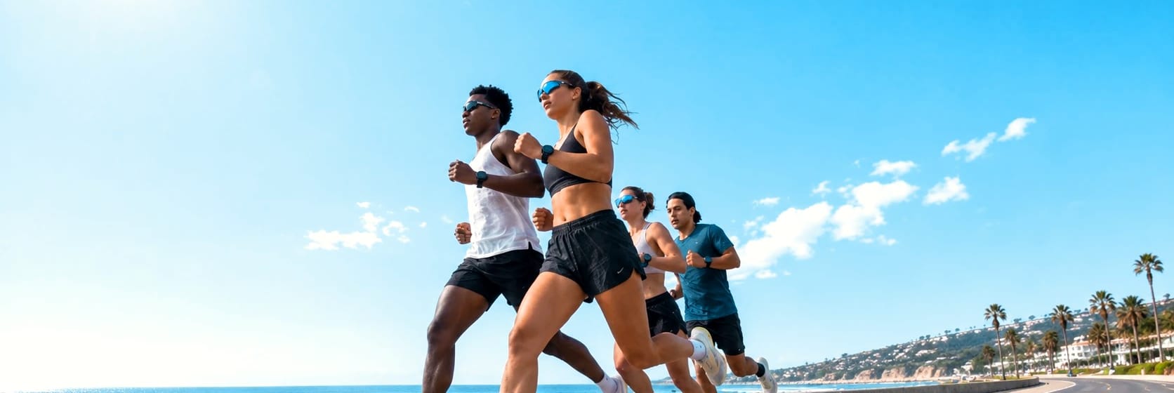 A group of runners on a seafront path in the sun